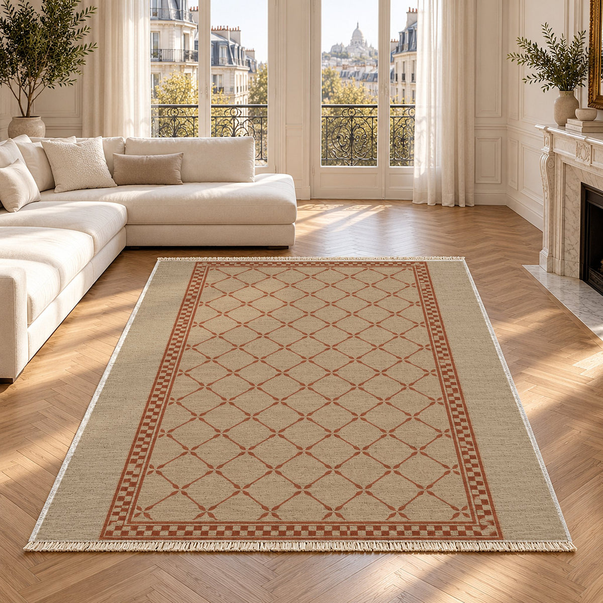 Olive Courtyard Sand & Terracotta washable rug in a Paris living room