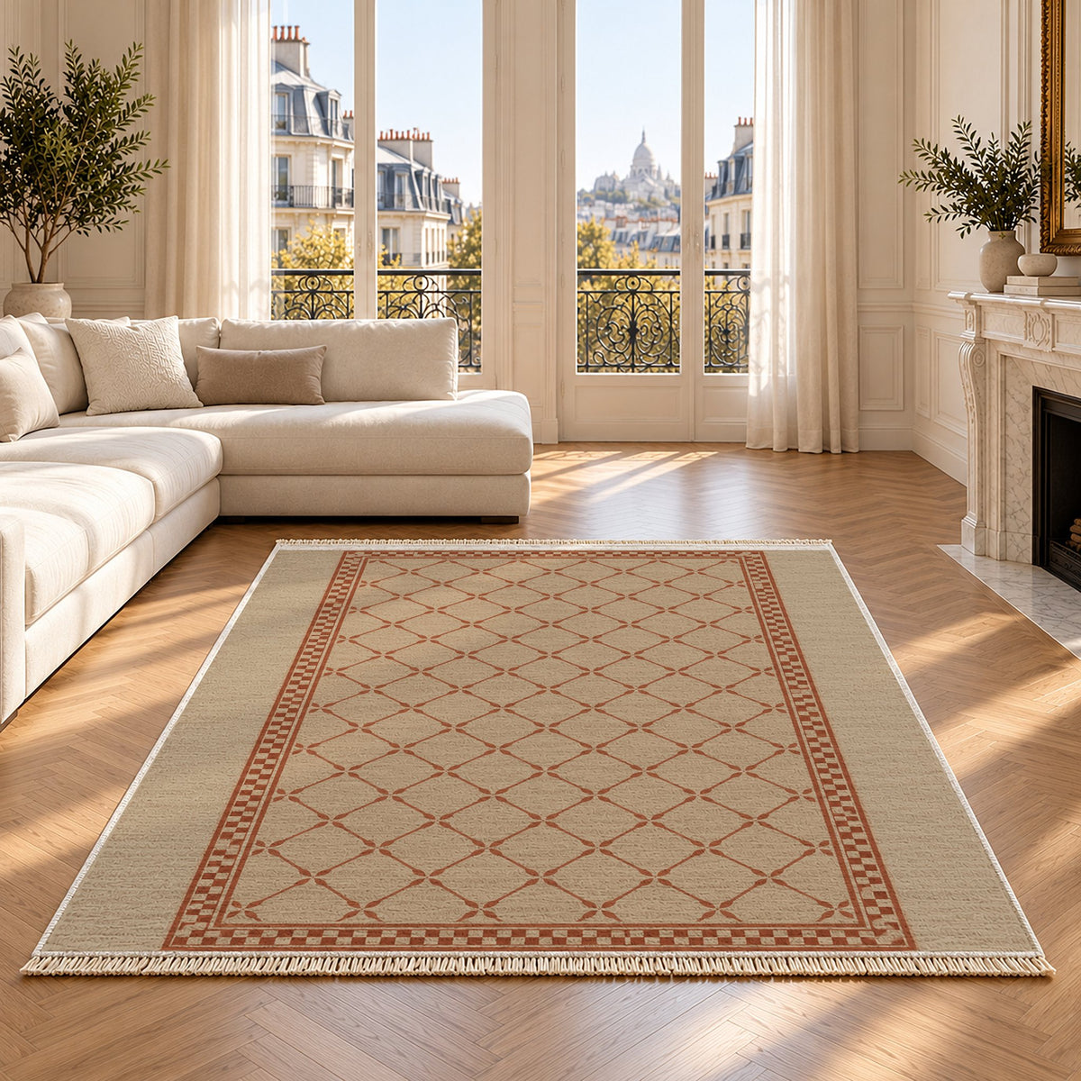 Olive Courtyard Sand & Terracotta washable rug on an oak floor