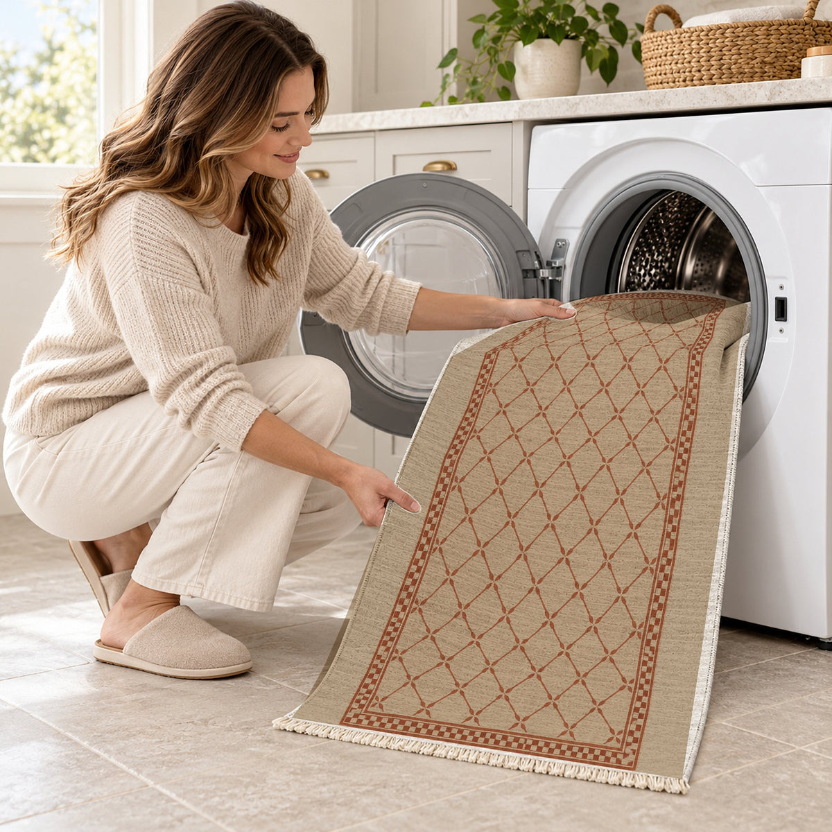 Olive Courtyard Sand & Terracotta washable rug being loaded into a washing machine