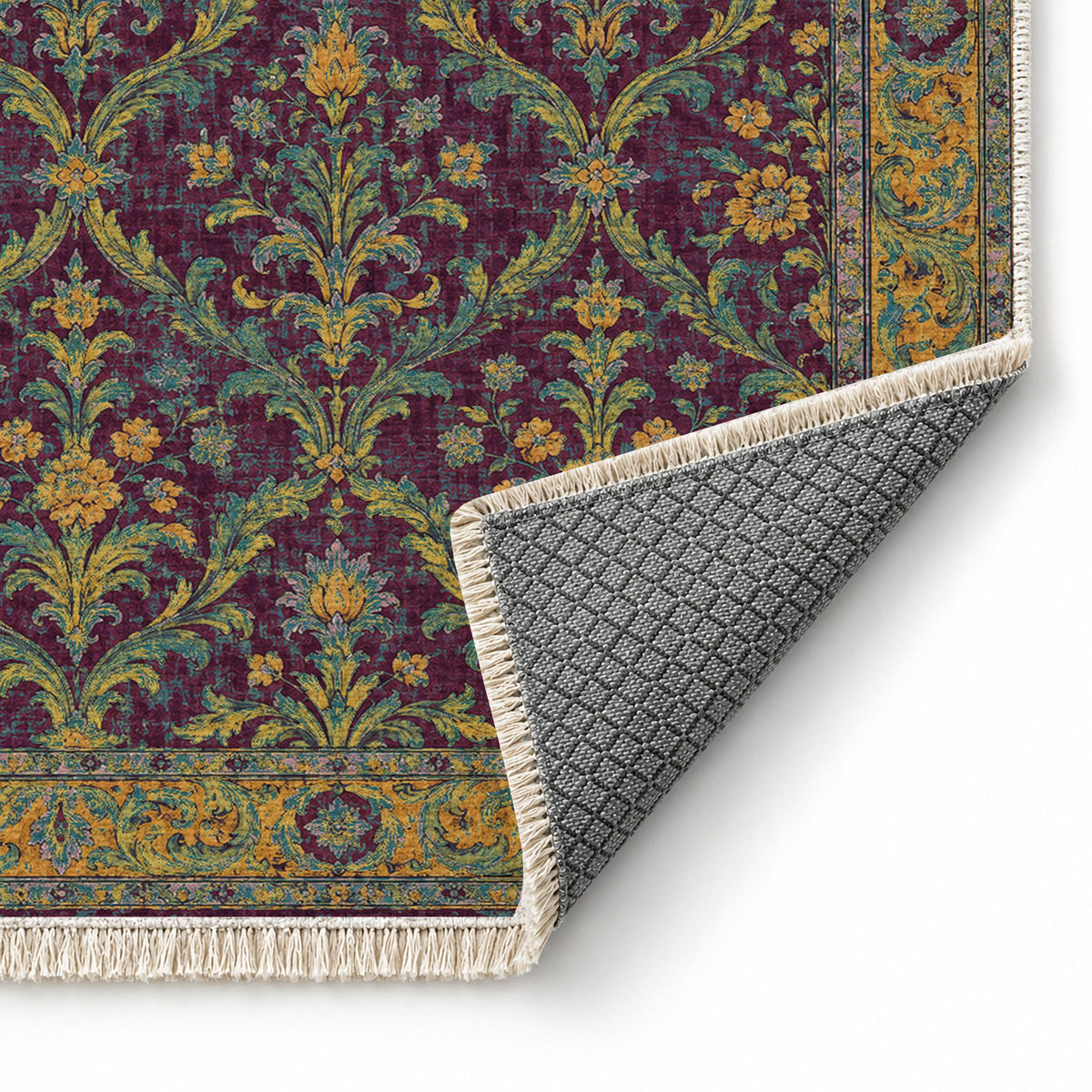 Olive Damask Burgundy & Teal washable rug folded corner showing the backing