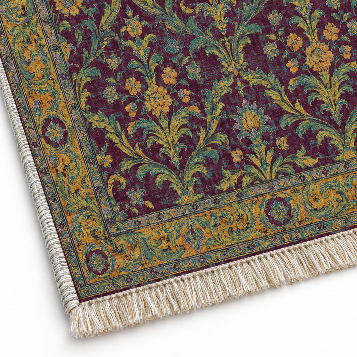 Olive Damask Burgundy & Teal washable rug close-up of the printed chenille