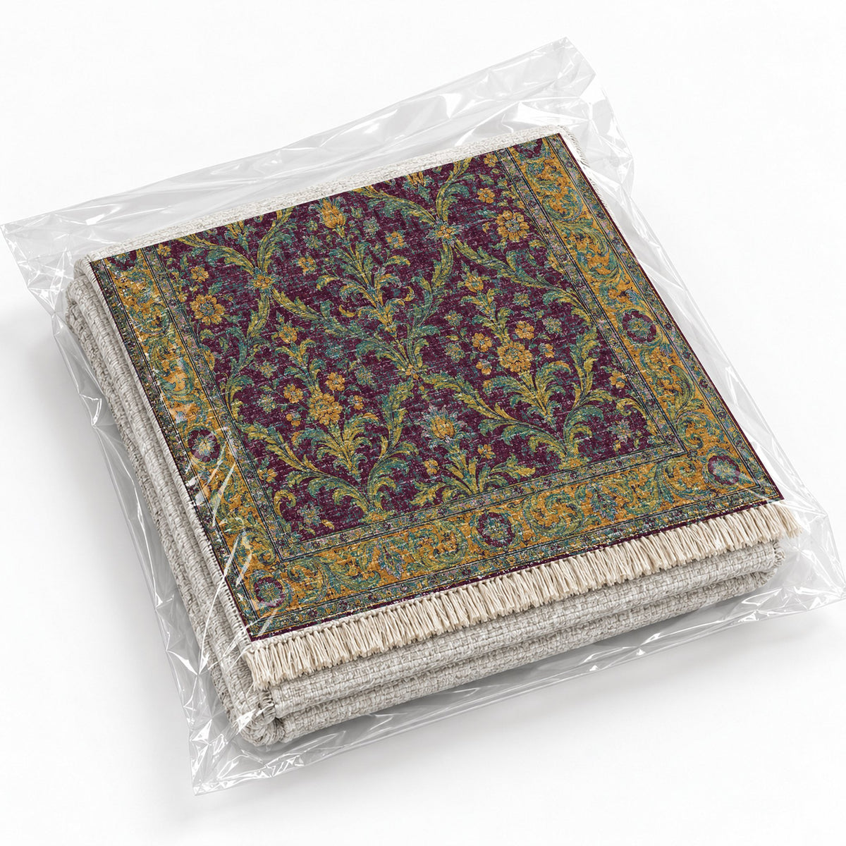 Olive Damask Burgundy & Teal washable rug rolled and packaged