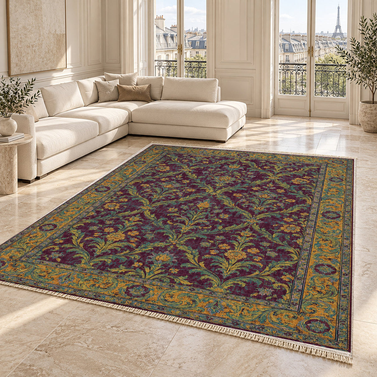 Olive Damask Burgundy & Teal washable rug angled room view on marble