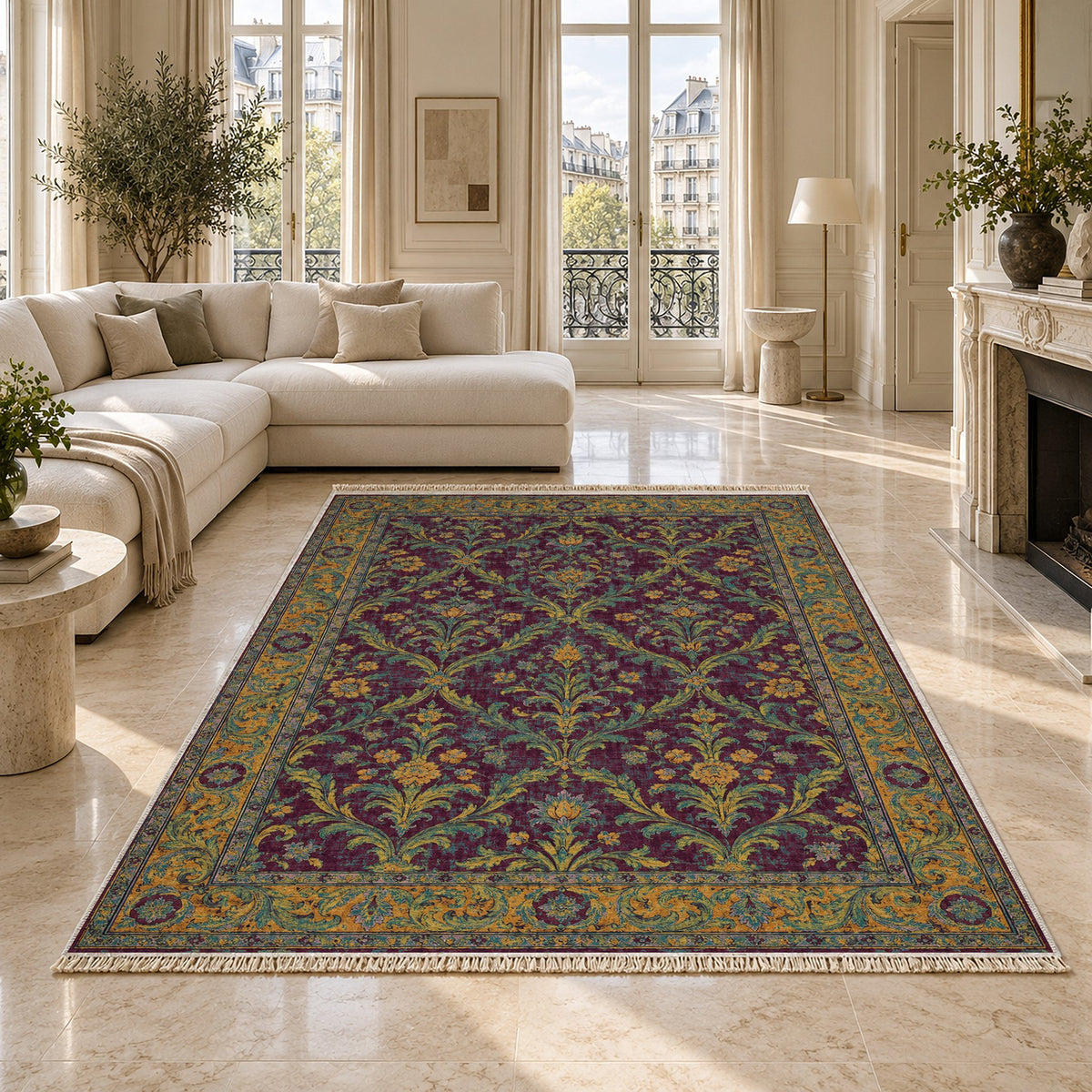 Olive Damask Burgundy & Teal washable rug on a marble floor