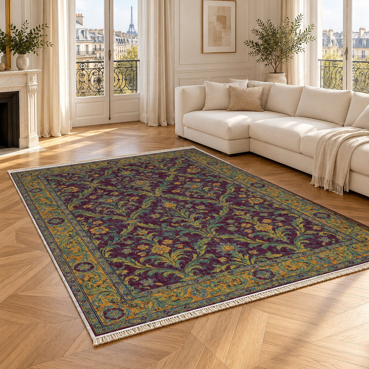 Olive Damask Burgundy & Teal washable rug angled room view
