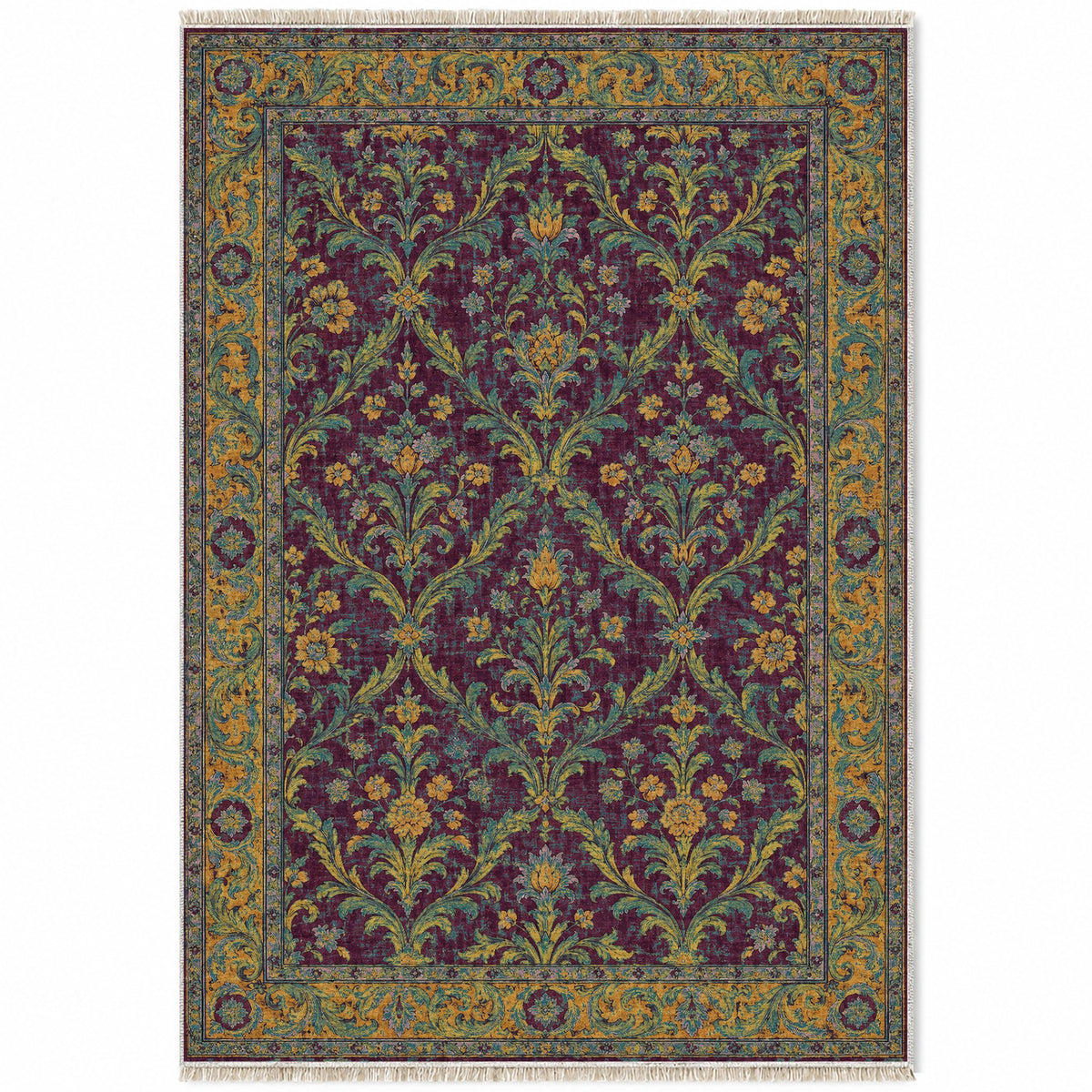 Olive Damask Burgundy & Teal washable rug top view