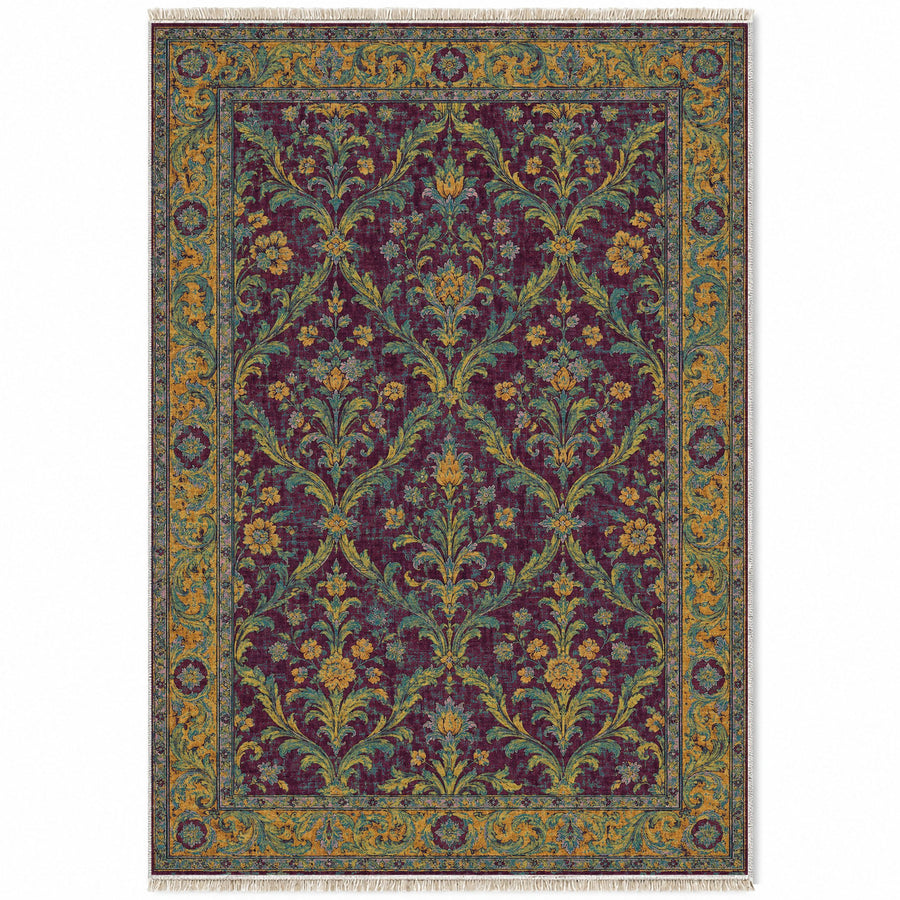 Olive Damask Burgundy & Teal Baroque Washable Rug