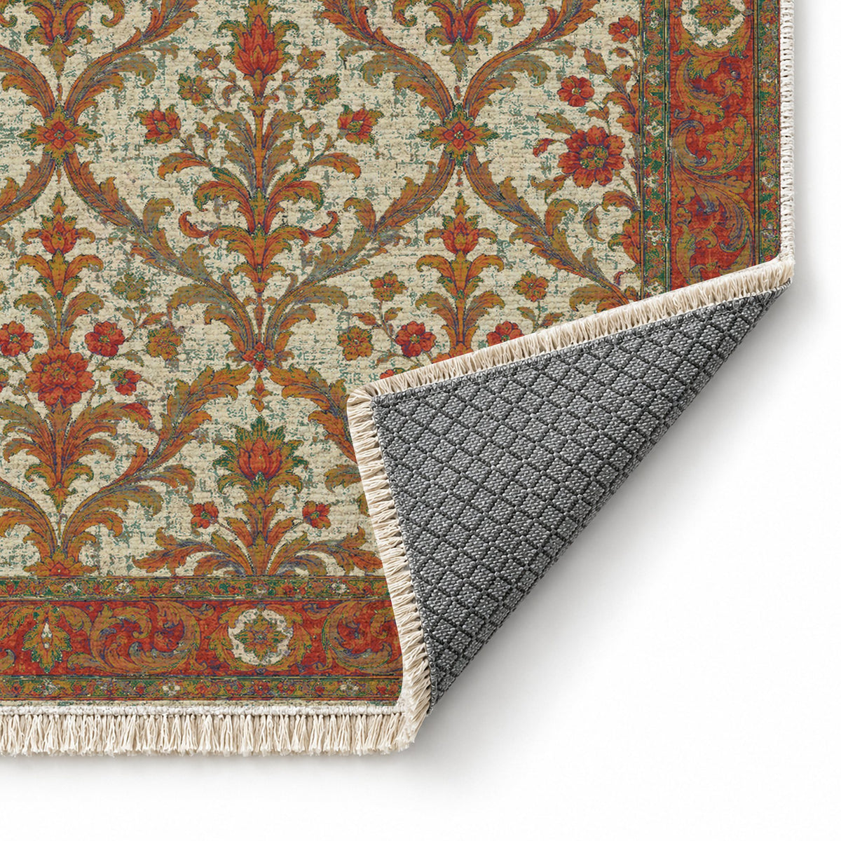 Olive Damask Emerald & Terracotta washable rug folded corner showing the backing
