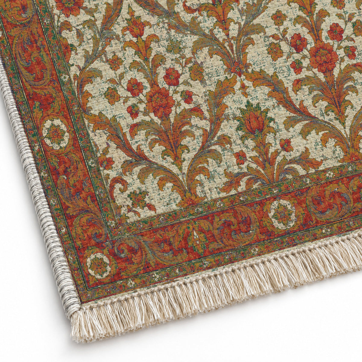 Olive Damask Emerald & Terracotta washable rug close-up of the printed chenille