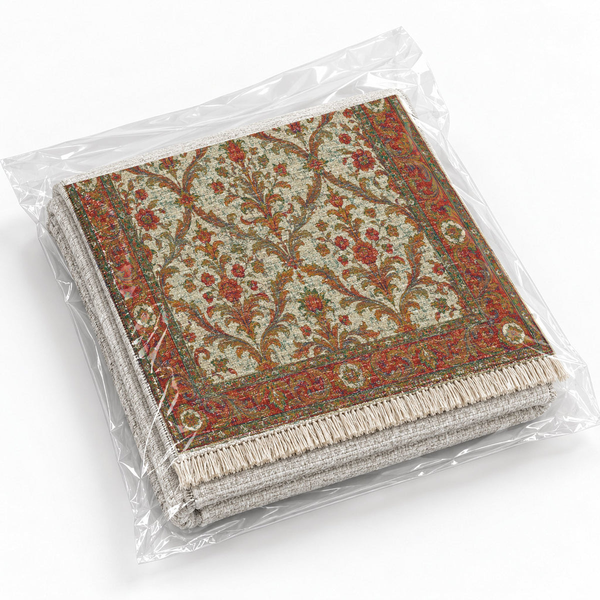 Olive Damask Emerald & Terracotta washable rug rolled and packaged