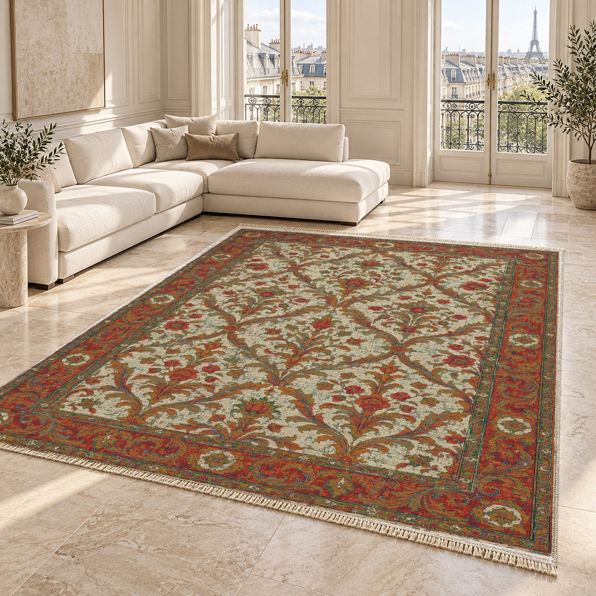 Olive Damask Emerald & Terracotta washable rug angled room view on marble