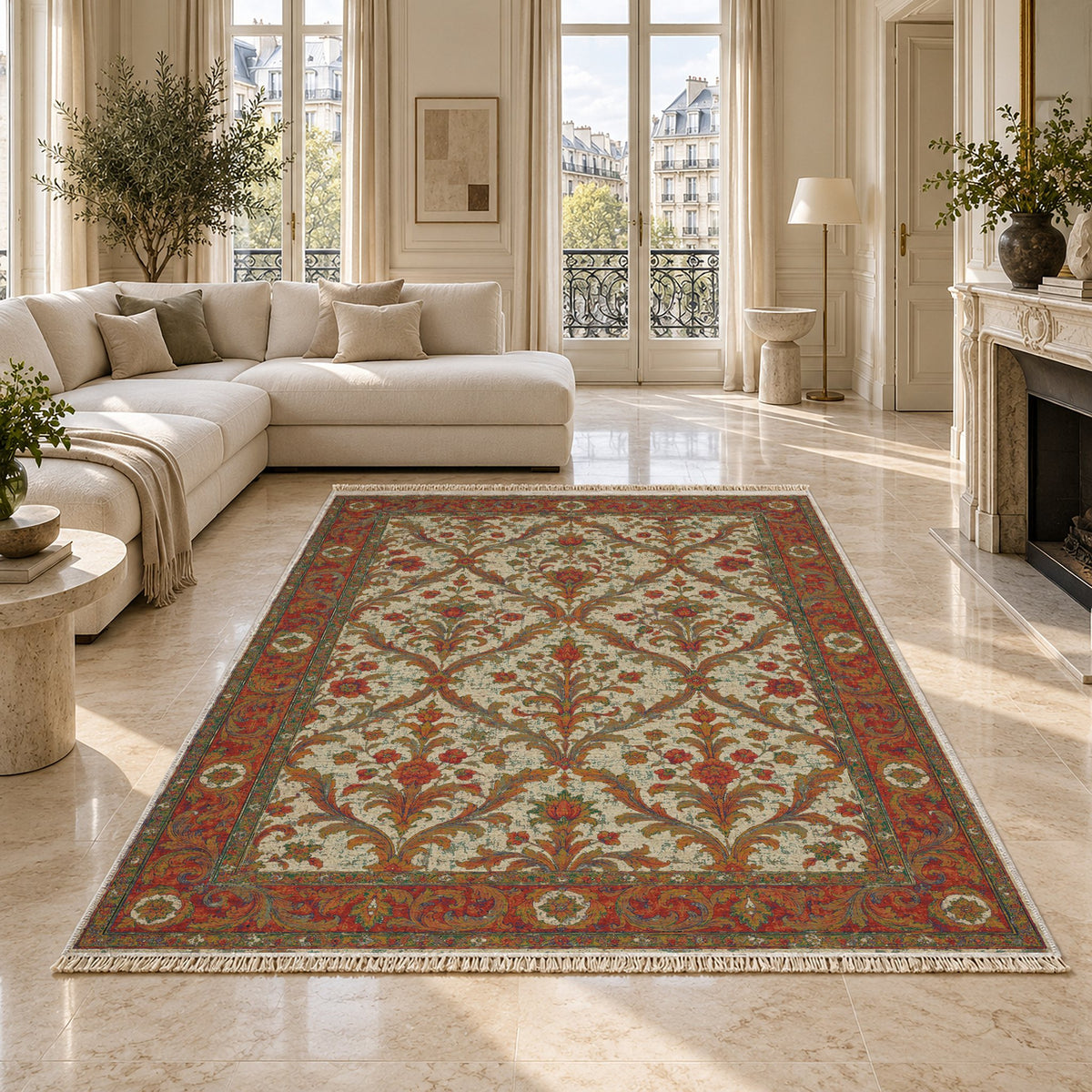 Olive Damask Emerald & Terracotta washable rug on a marble floor