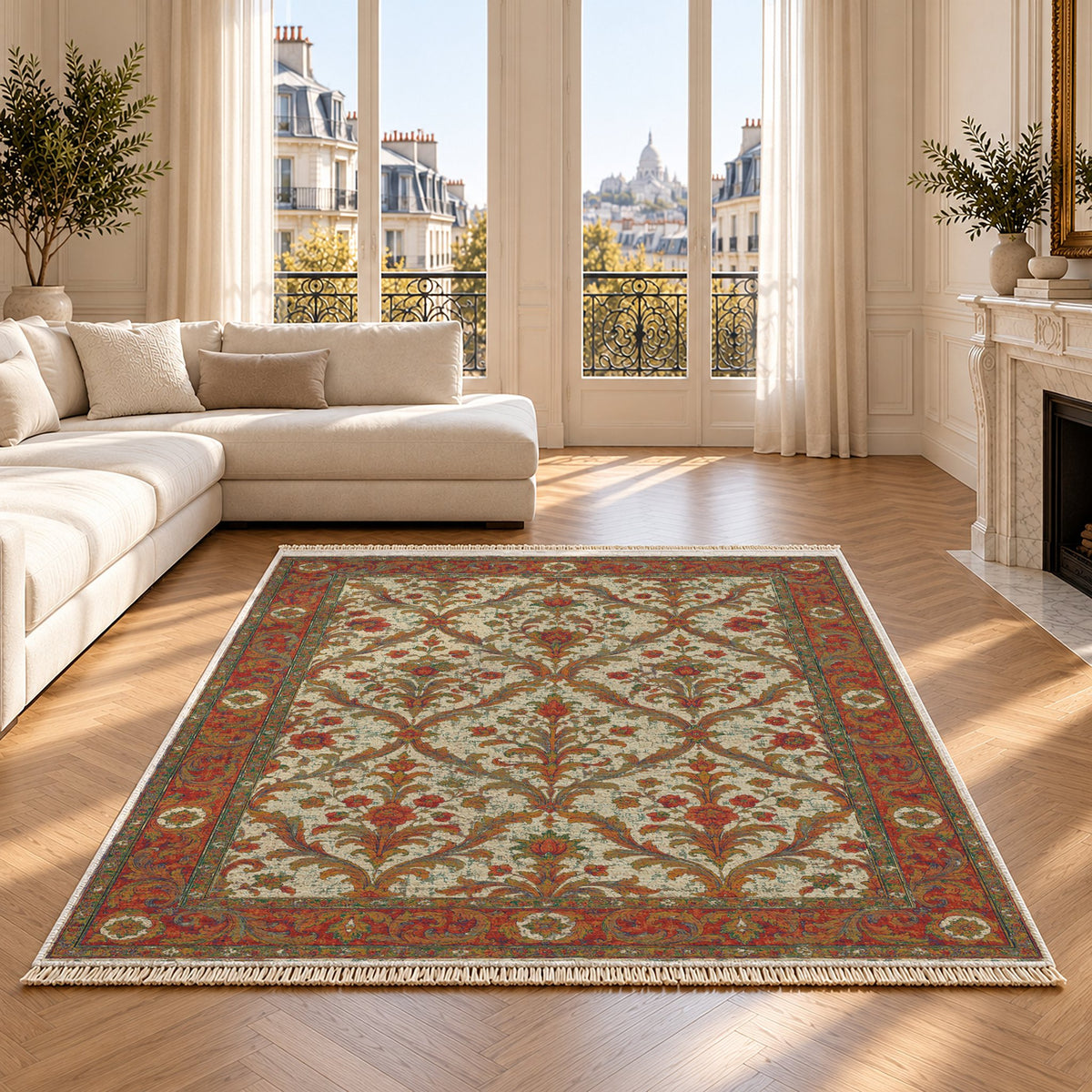 Olive Damask Emerald & Terracotta washable rug on an oak floor