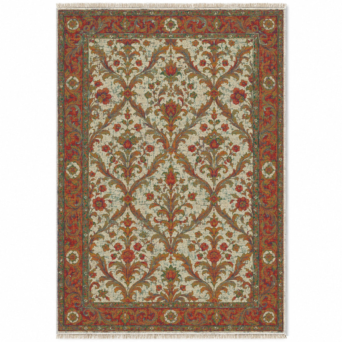 Olive Damask Emerald & Terracotta washable rug top view