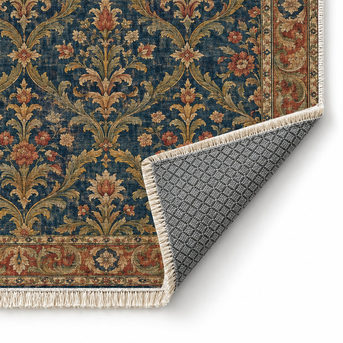 Olive Damask Indigo & Rust washable rug folded corner showing the backing