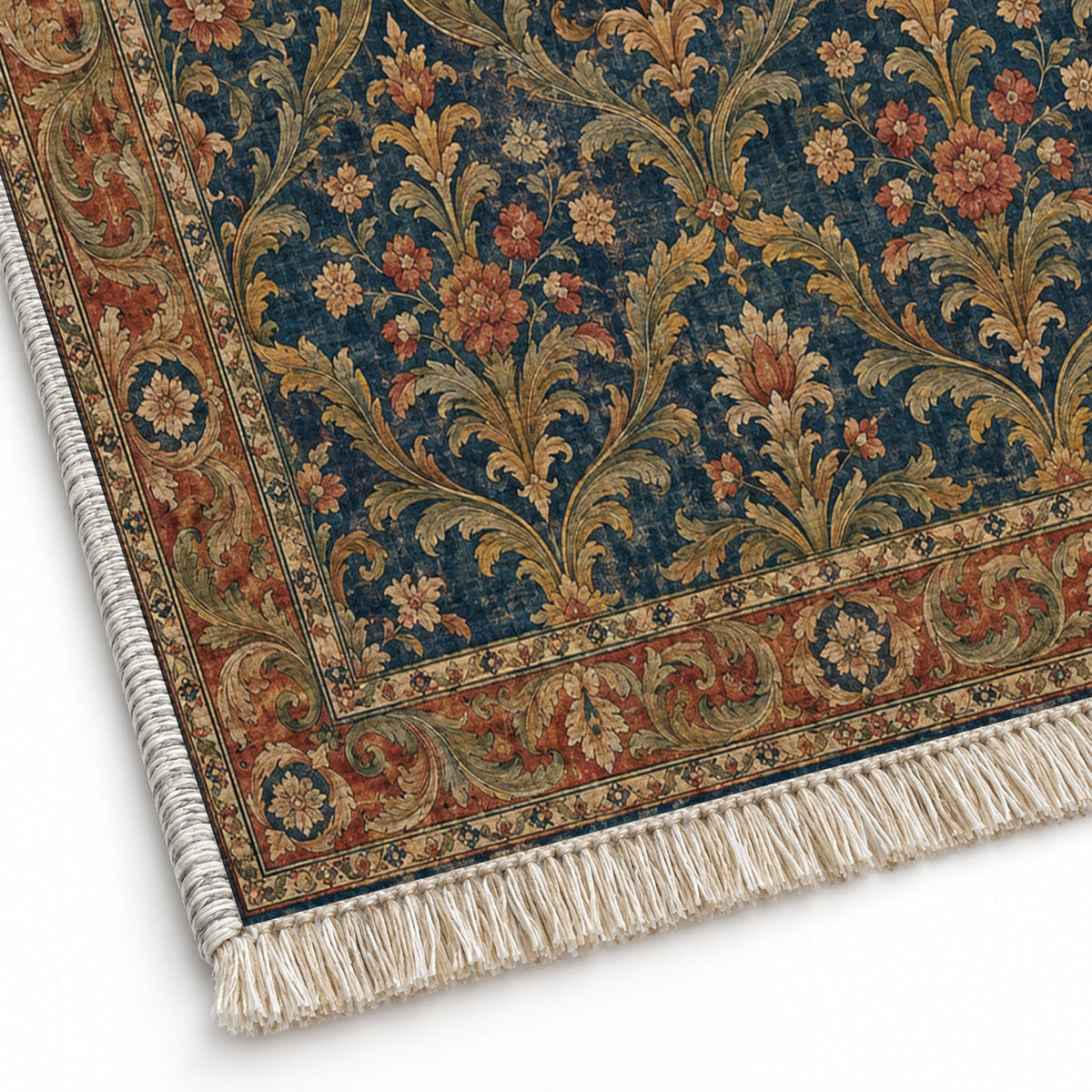 Olive Damask Indigo & Rust washable rug close-up of the printed chenille
