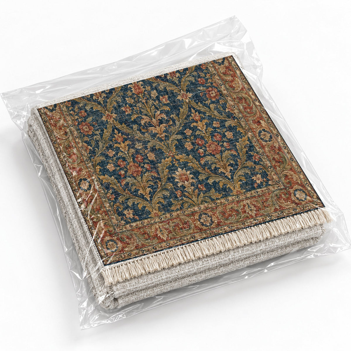 Olive Damask Indigo & Rust washable rug rolled and packaged