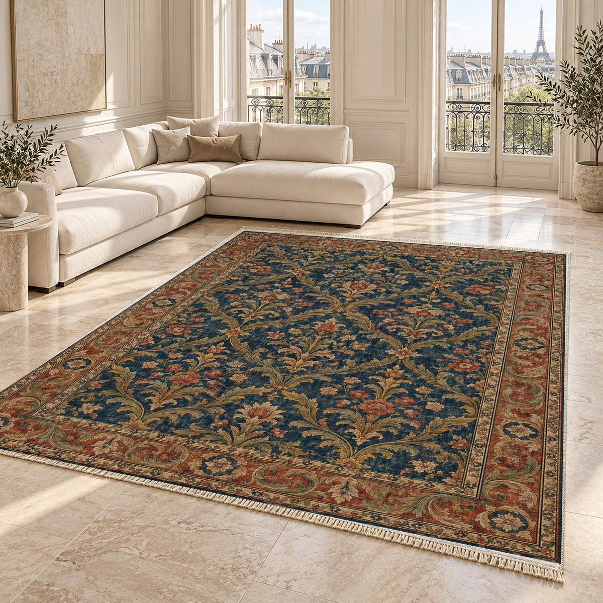 Olive Damask Indigo & Rust washable rug angled room view on marble