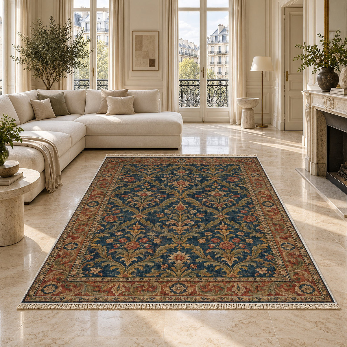 Olive Damask Indigo & Rust washable rug on a marble floor