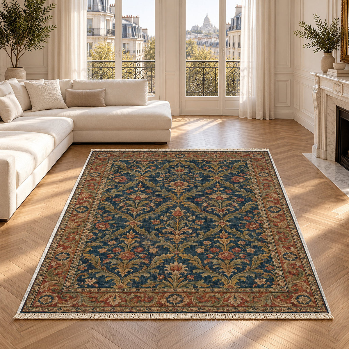 Olive Damask Indigo & Rust washable rug in a Paris living room