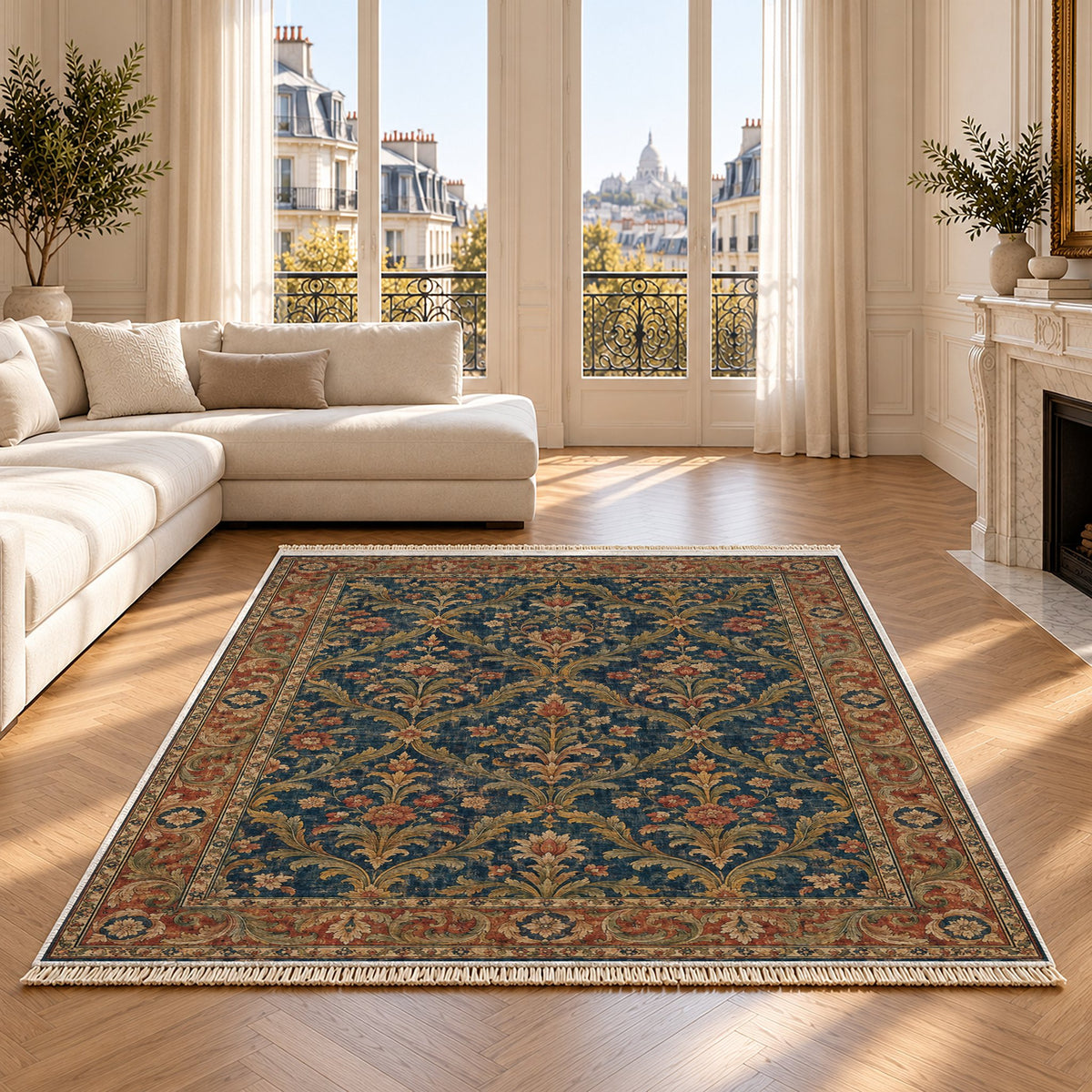 Olive Damask Indigo & Rust washable rug on an oak floor