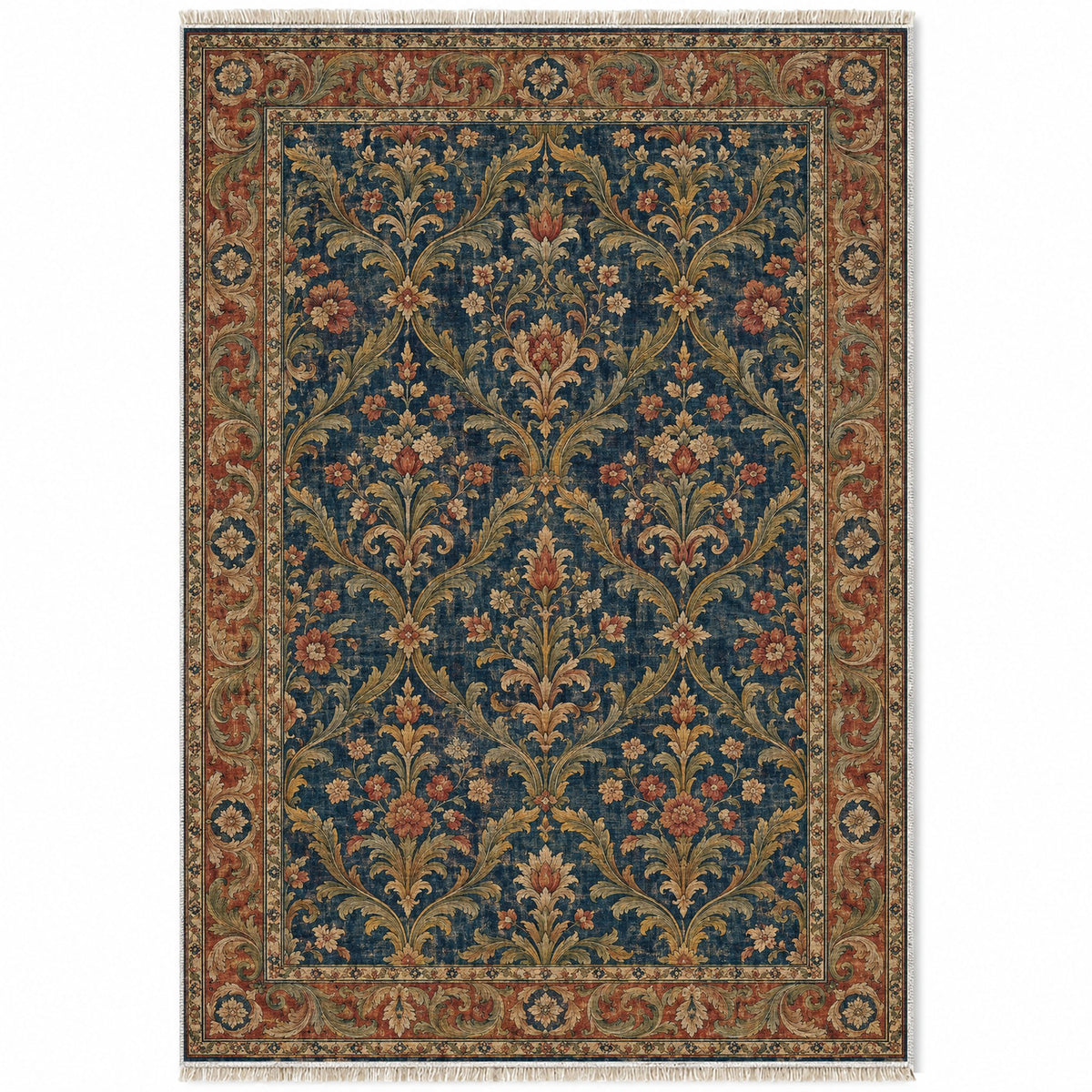 Olive Damask Indigo & Rust washable rug top view