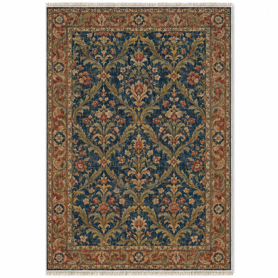Olive Damask Indigo & Rust Baroque Washable Rug