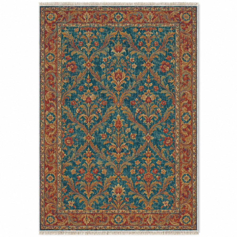Olive Damask Peacock & Ochre Baroque Washable Rug