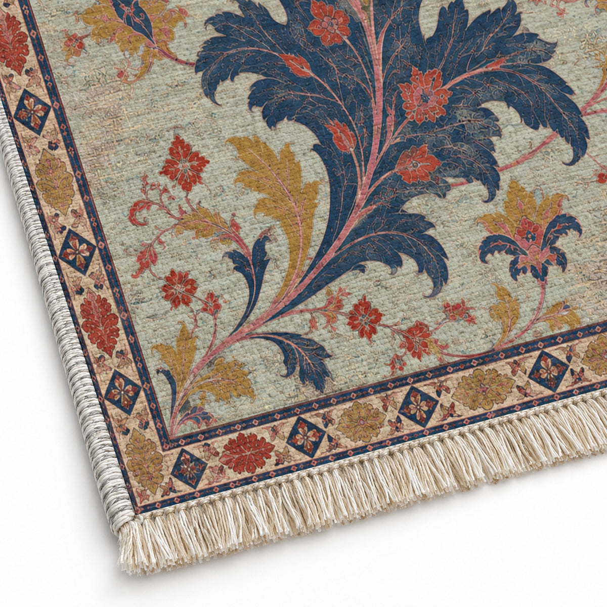 Open Arabesque Sails Glacier, Ink & Vermilion washable rug close-up of the printed chenille