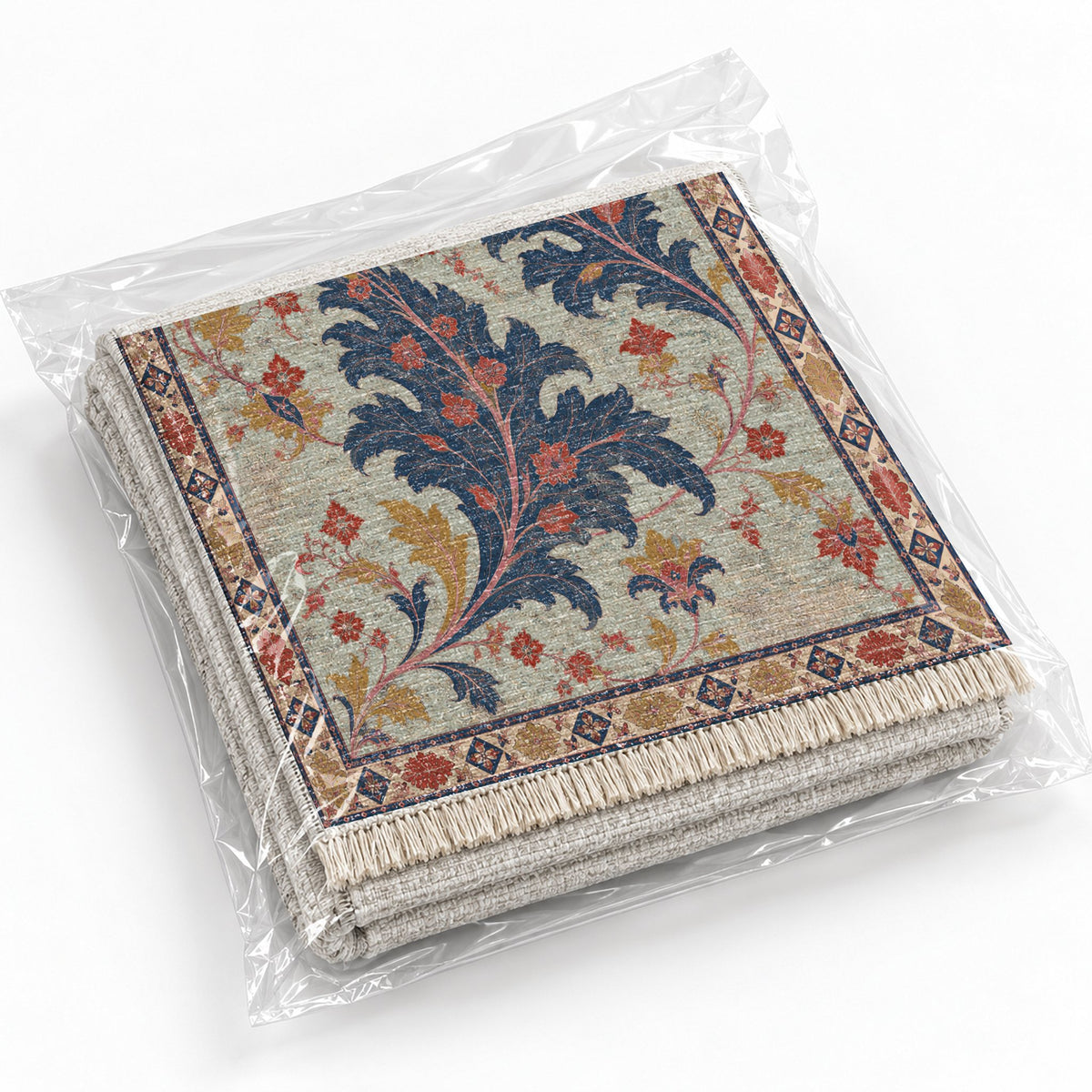 Open Arabesque Sails Glacier, Ink & Vermilion washable rug rolled and packaged