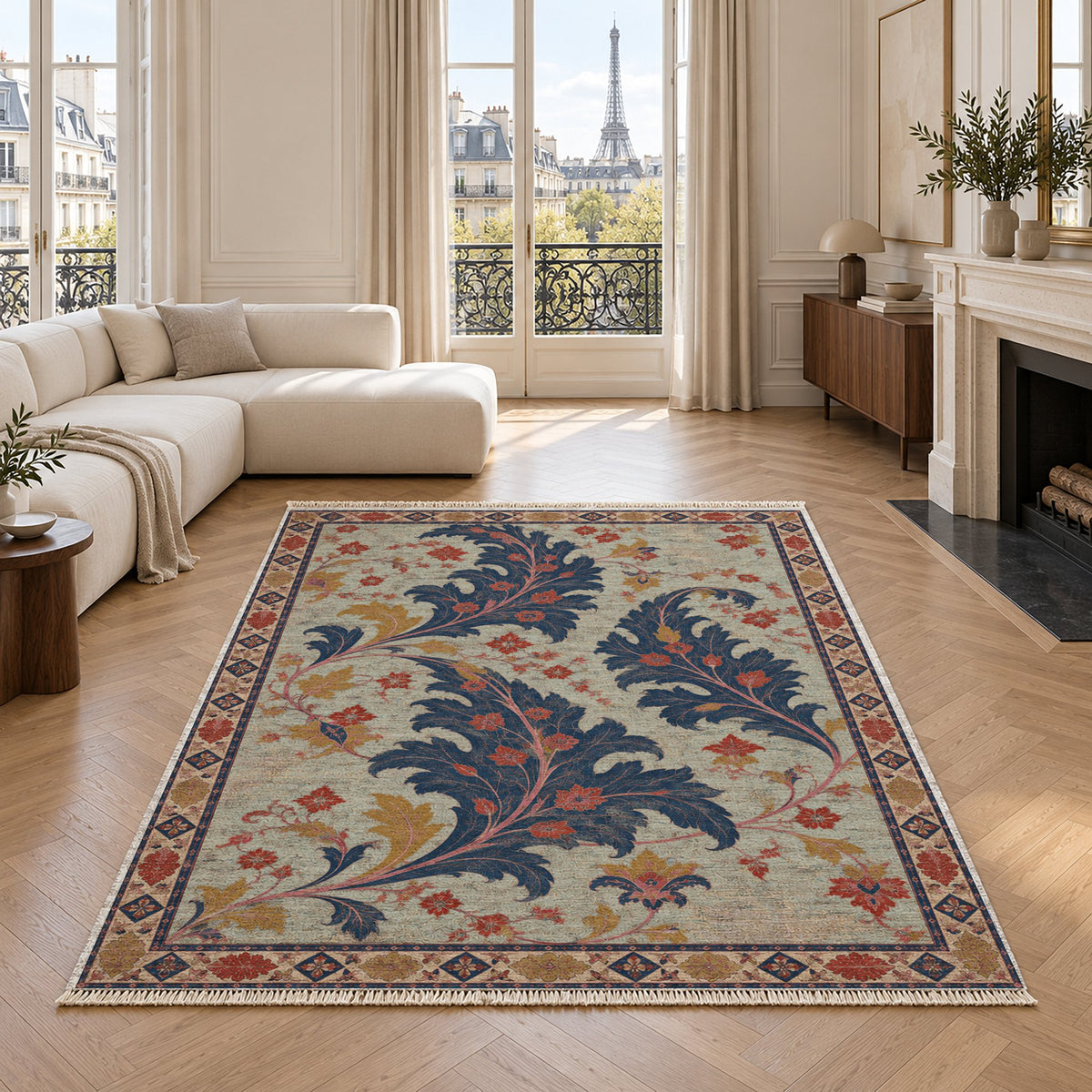 Open Arabesque Sails Glacier, Ink & Vermilion washable rug in a living room with an Eiffel Tower view