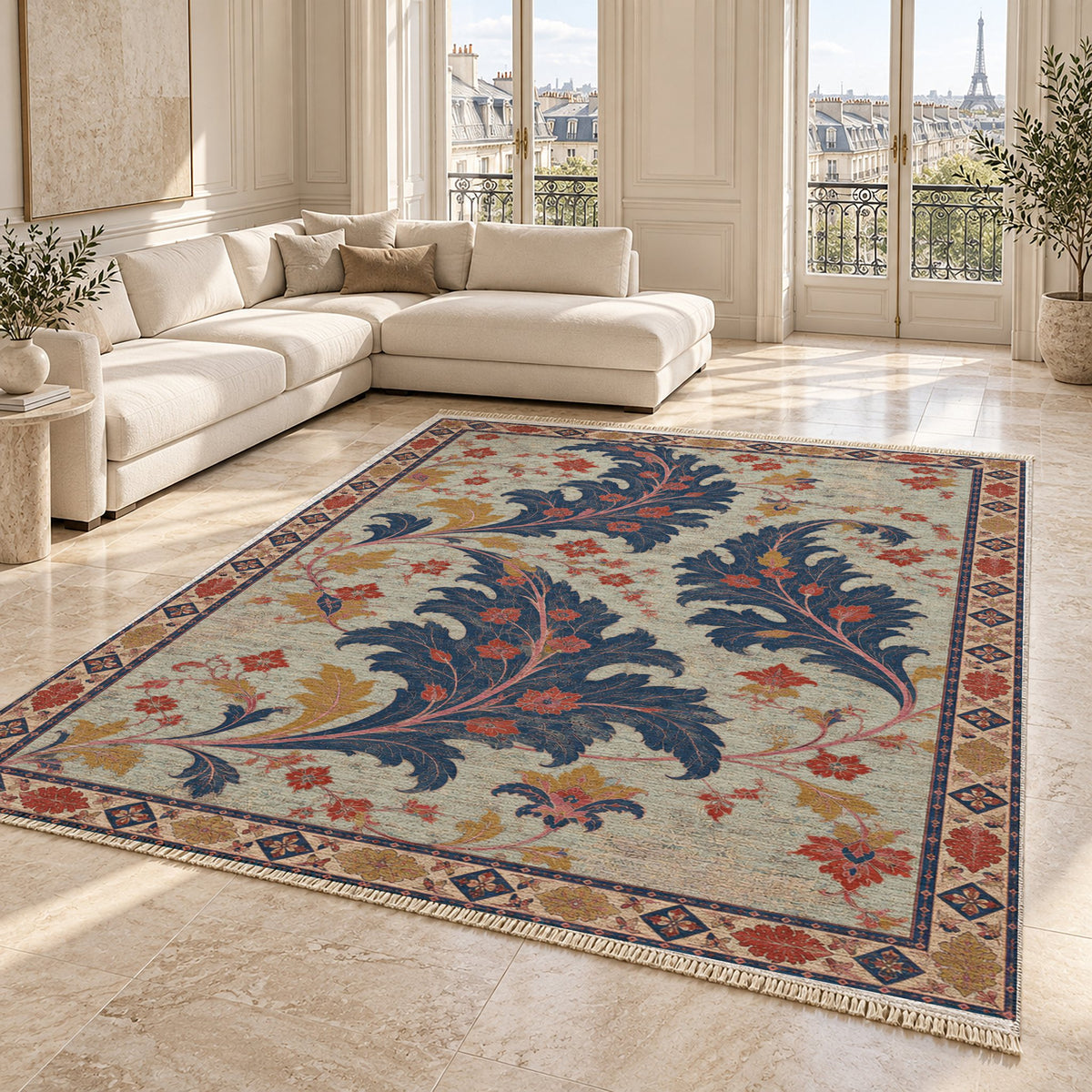 Open Arabesque Sails Glacier, Ink & Vermilion washable rug angled room view on marble