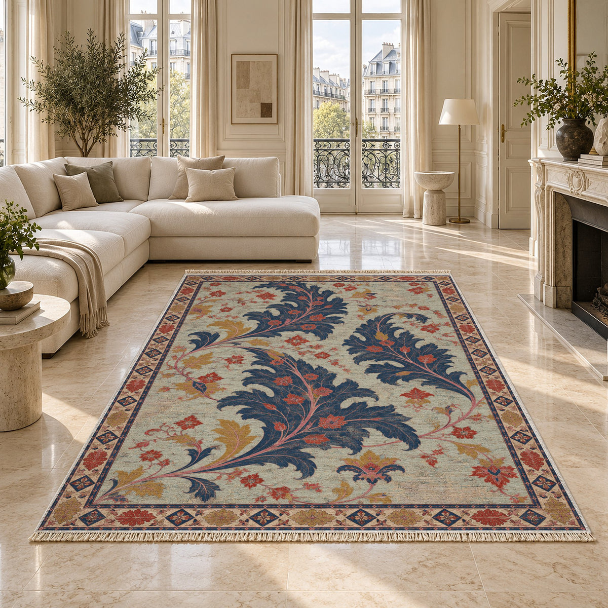 Open Arabesque Sails Glacier, Ink & Vermilion washable rug on a marble floor