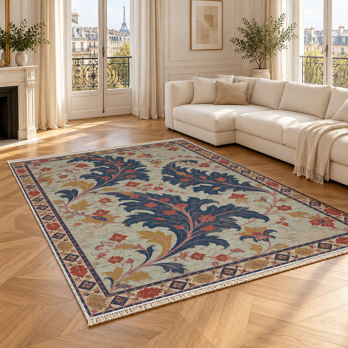Open Arabesque Sails Glacier, Ink & Vermilion washable rug angled room view