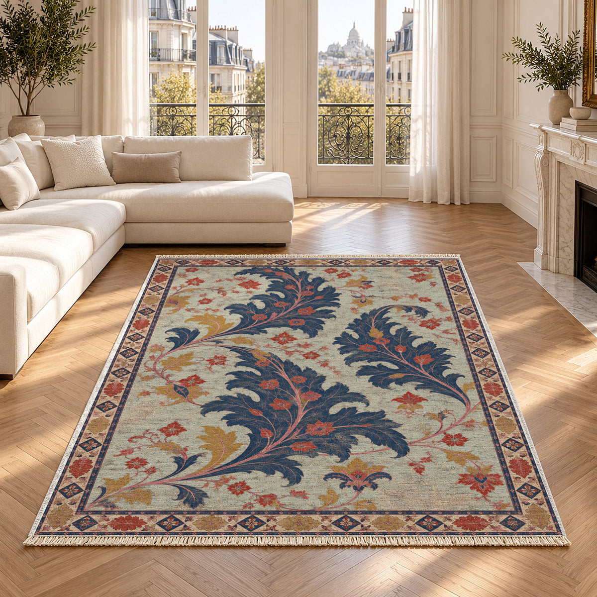 Open Arabesque Sails Glacier, Ink & Vermilion washable rug in a Paris living room