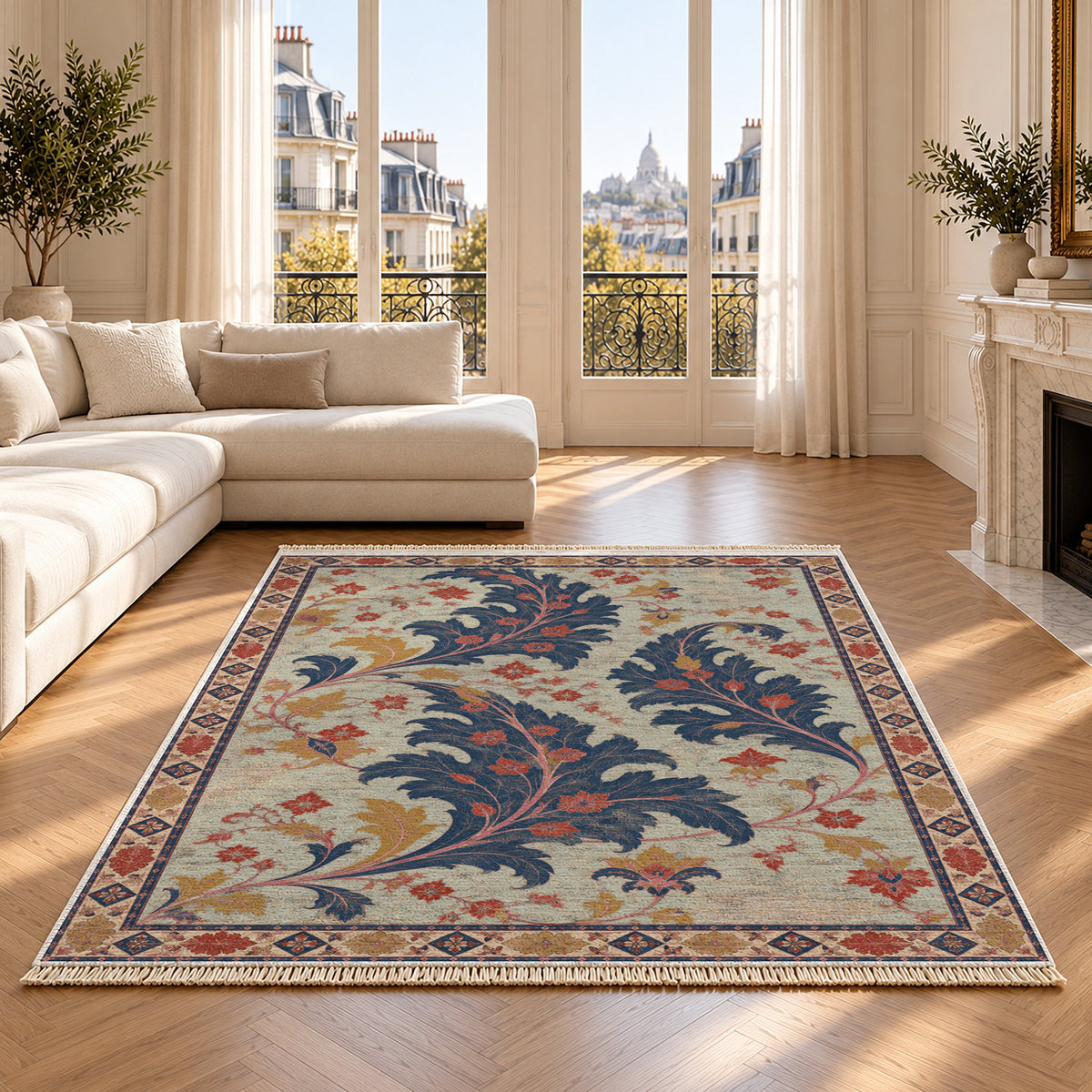 Open Arabesque Sails Glacier, Ink & Vermilion washable rug on an oak floor
