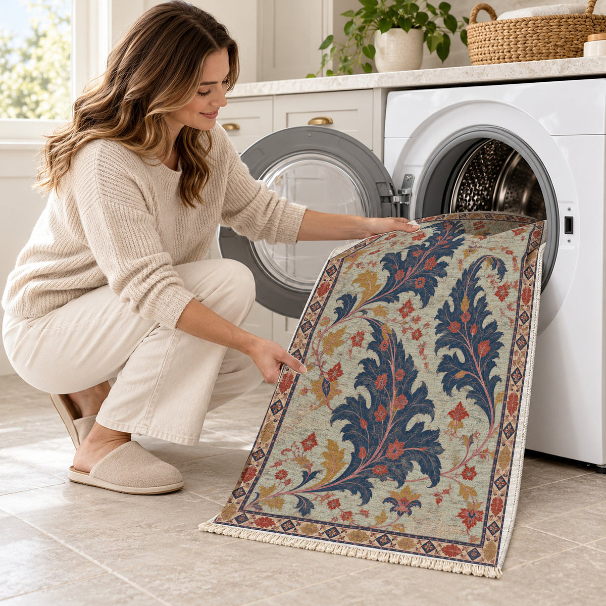 Open Arabesque Sails Glacier, Ink & Vermilion washable rug being loaded into a washing machine
