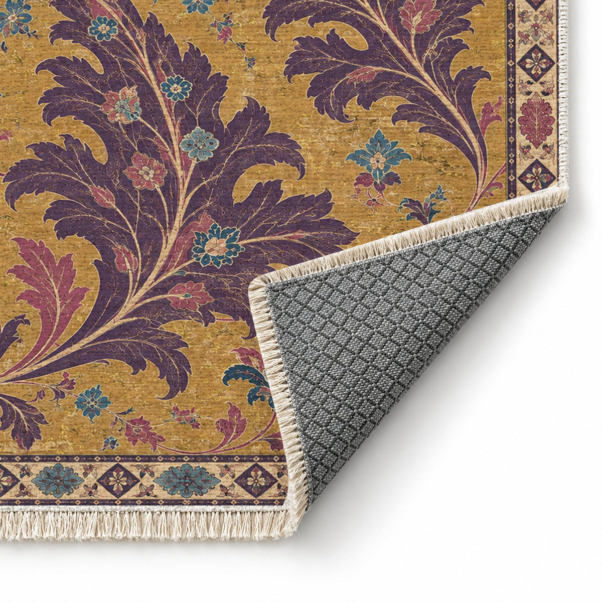 Open Arabesque Sails Golden, Plum & Azure washable rug folded corner showing the backing