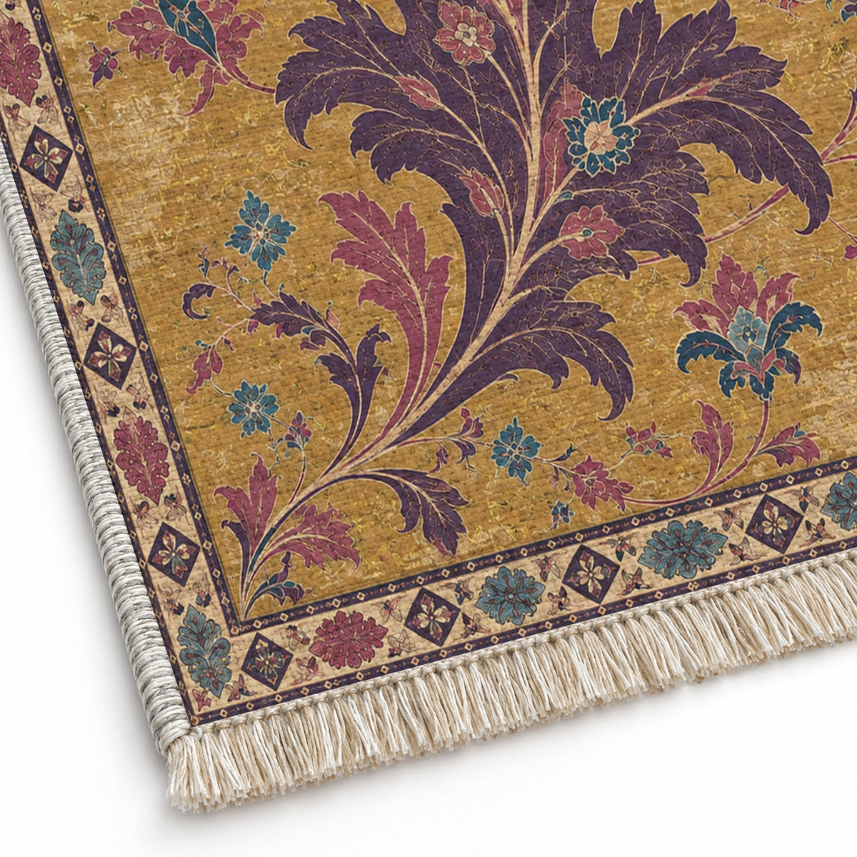 Open Arabesque Sails Golden, Plum & Azure washable rug close-up of the printed chenille