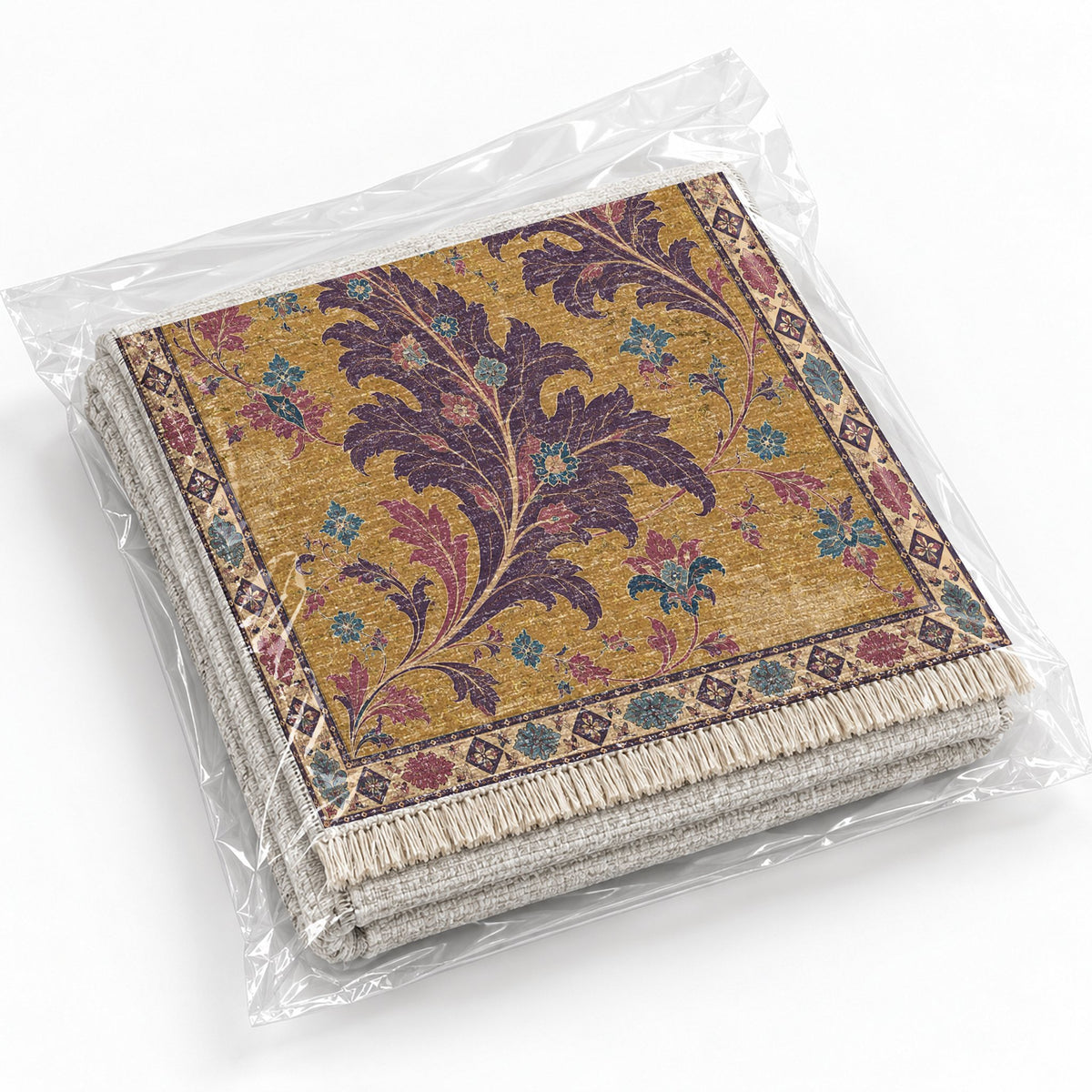 Open Arabesque Sails Golden, Plum & Azure washable rug rolled and packaged
