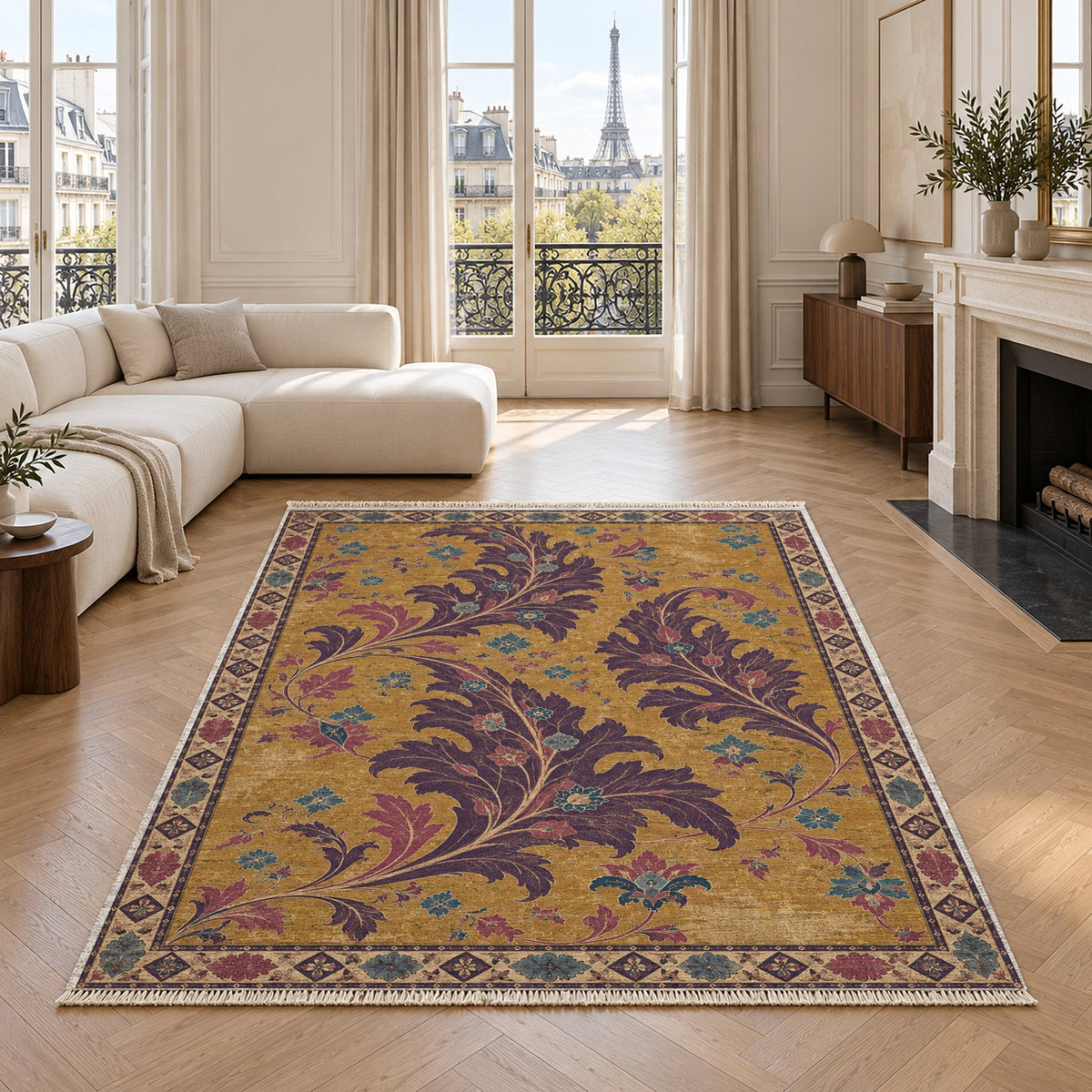 Open Arabesque Sails Golden, Plum & Azure washable rug in a living room with an Eiffel Tower view