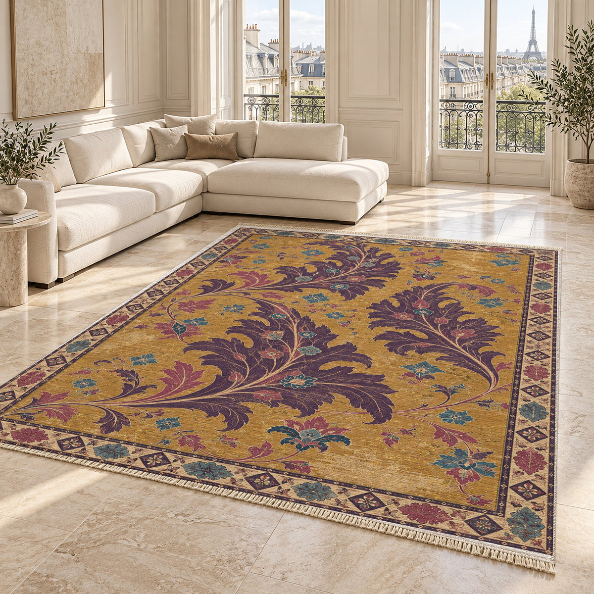 Open Arabesque Sails Golden, Plum & Azure washable rug angled room view on marble