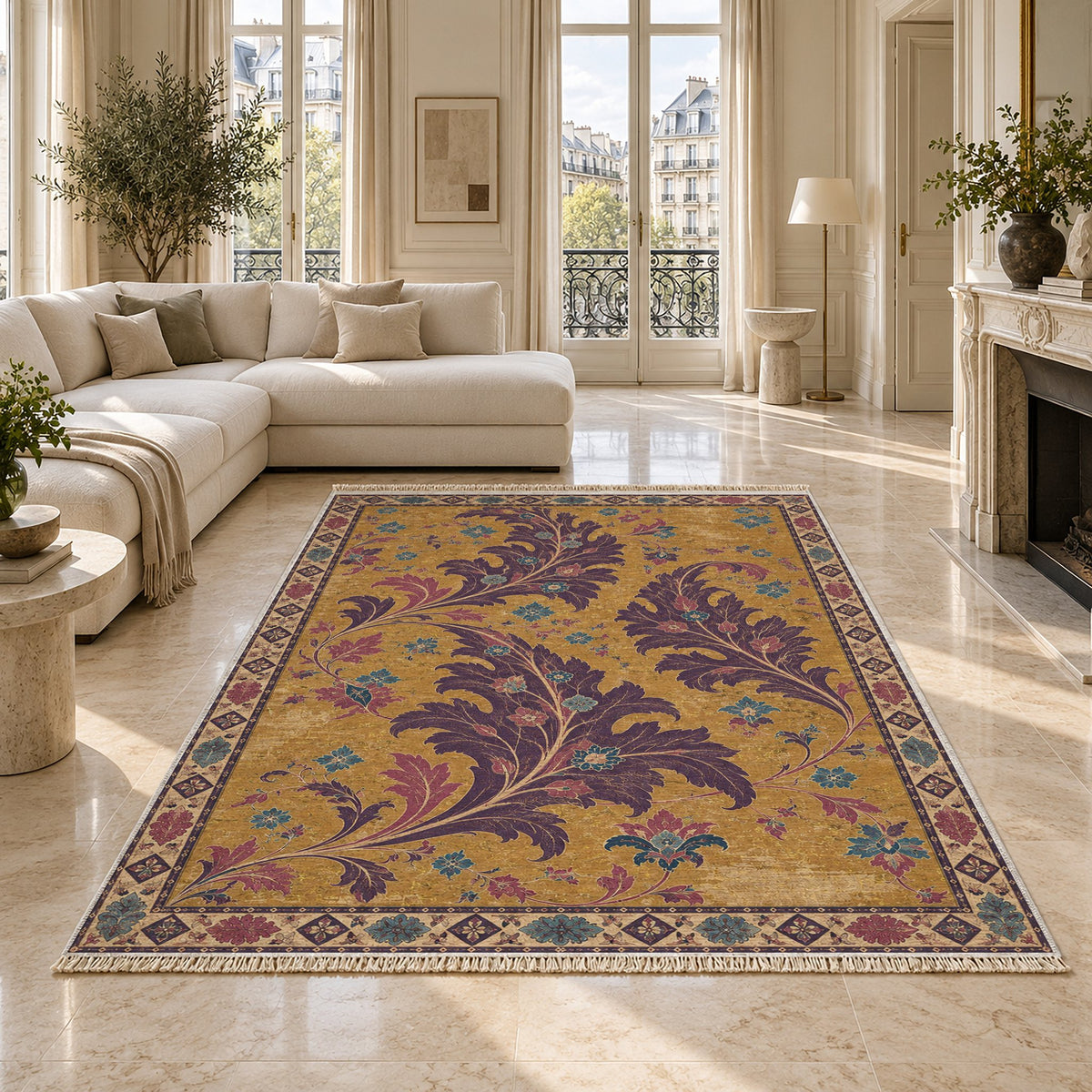 Open Arabesque Sails Golden, Plum & Azure washable rug on a marble floor
