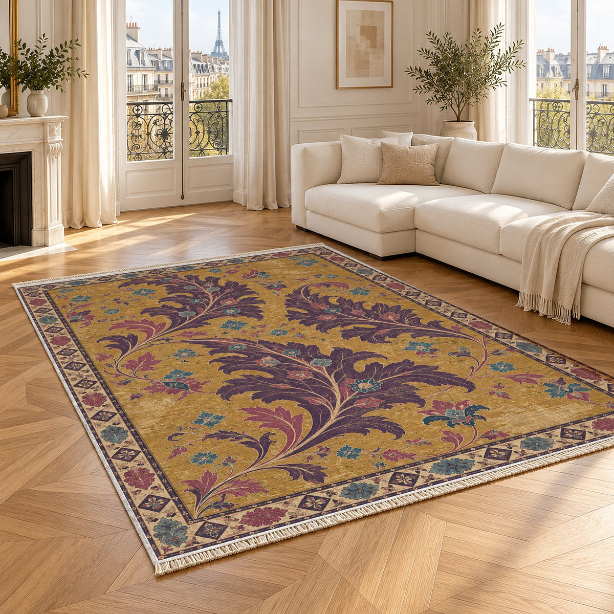 Open Arabesque Sails Golden, Plum & Azure washable rug angled room view