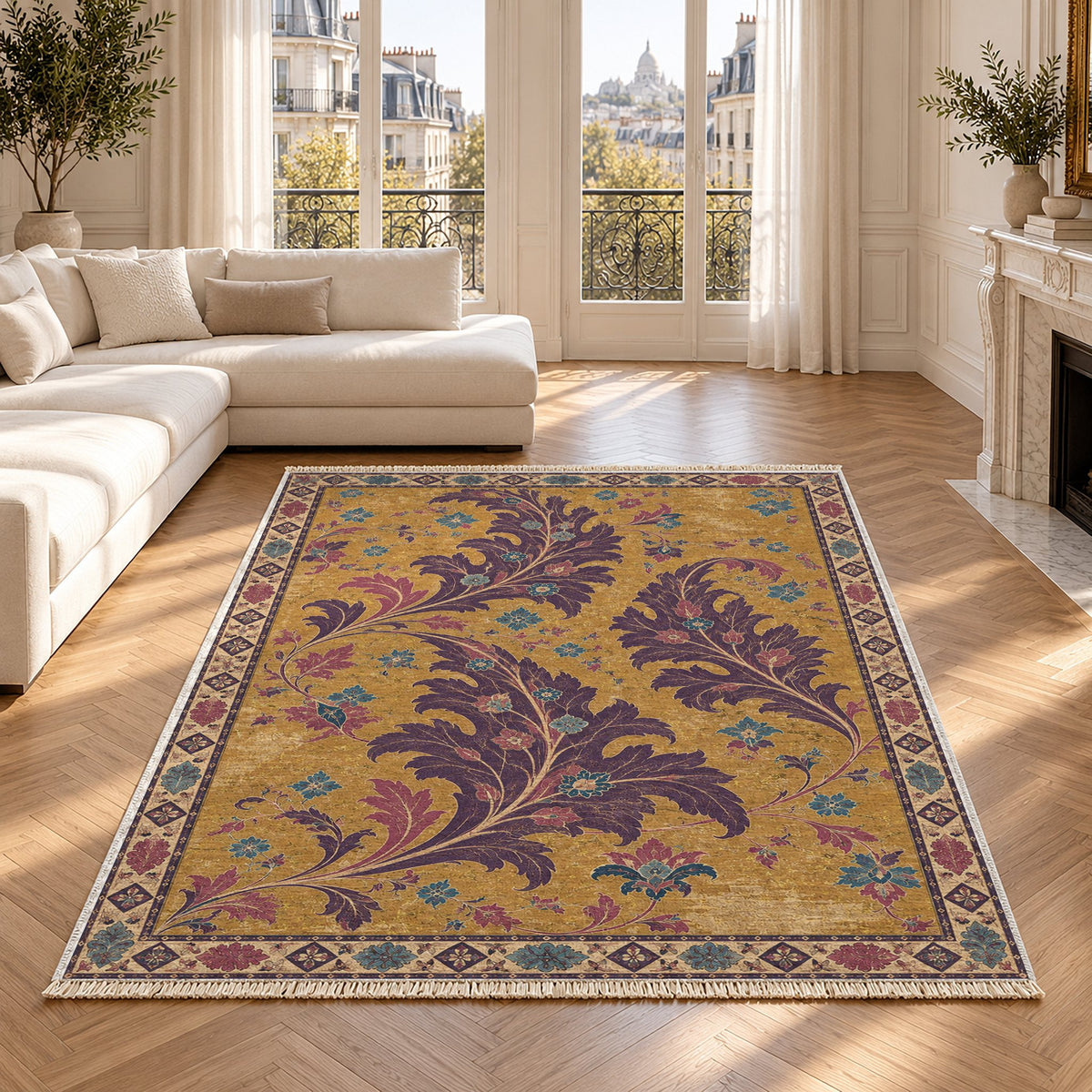 Open Arabesque Sails Golden, Plum & Azure washable rug in a Paris living room