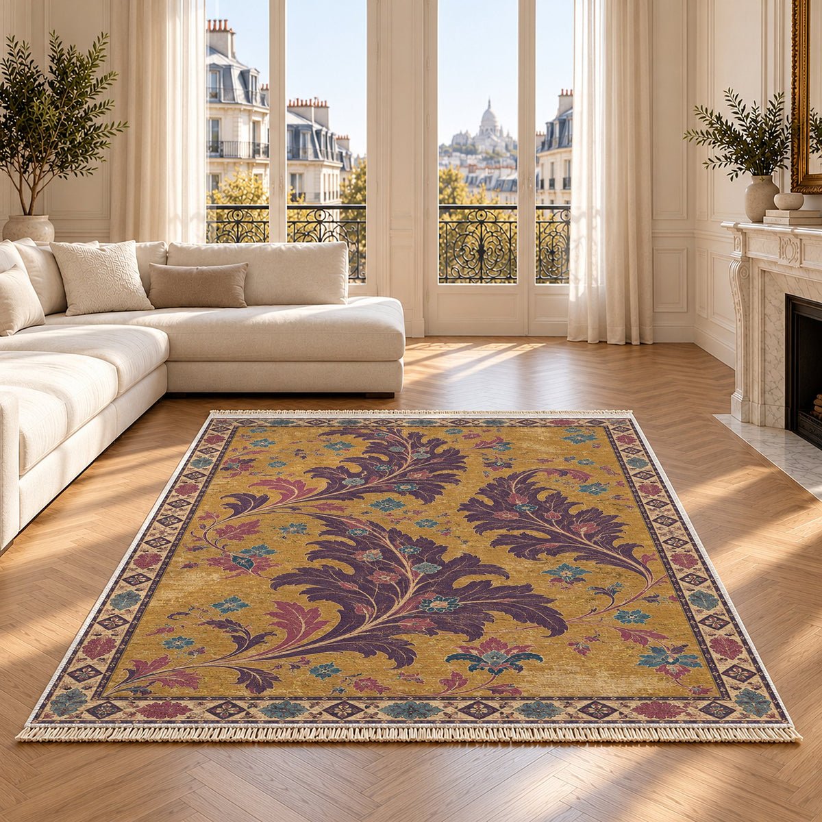 Open Arabesque Sails Golden, Plum & Azure washable rug on an oak floor