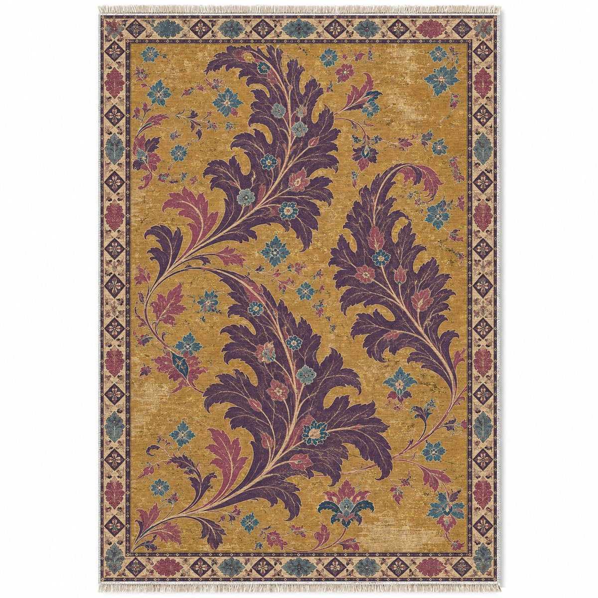 Open Arabesque Sails Golden, Plum & Azure washable rug top view