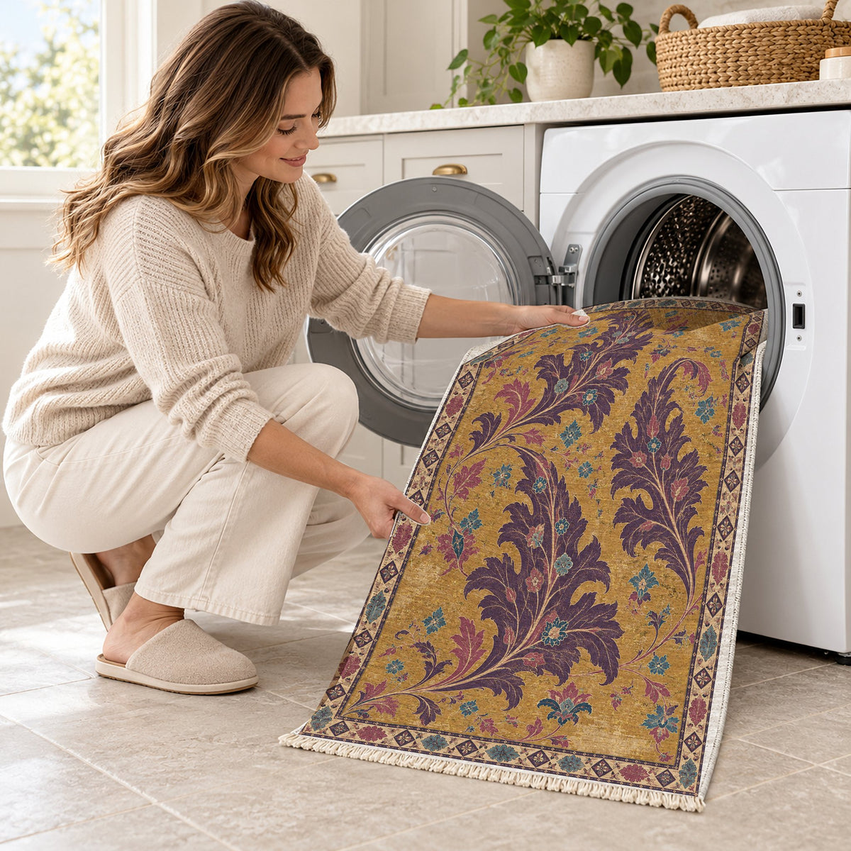 Open Arabesque Sails Golden, Plum & Azure washable rug being loaded into a washing machine
