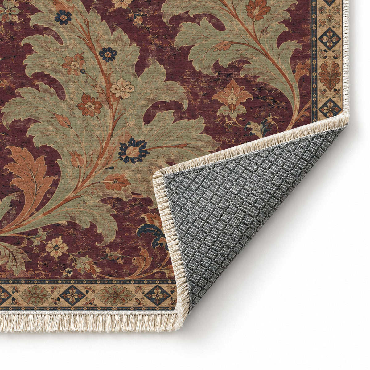 Open Arabesque Sails Mulberry & Celadon washable rug folded corner showing the backing