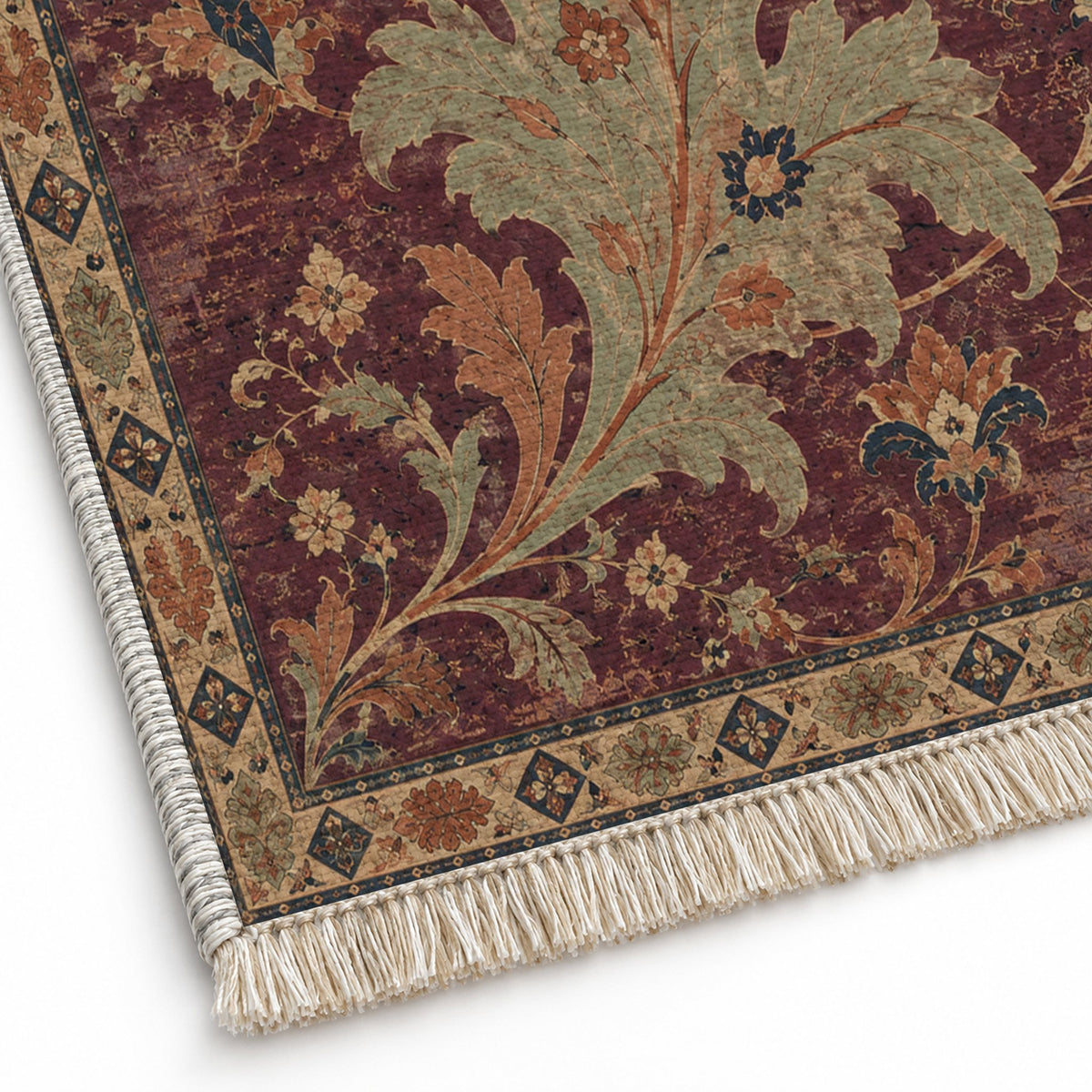 Open Arabesque Sails Mulberry & Celadon washable rug close-up of the printed chenille